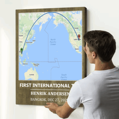 Custom first international trip map canvas with personalized travel route, name and date, travel memory wall art milestone gift.