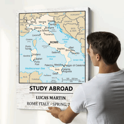 Custom study abroad map canvas with personalized location, name and date, meaningful study abroad wall art gift for students.