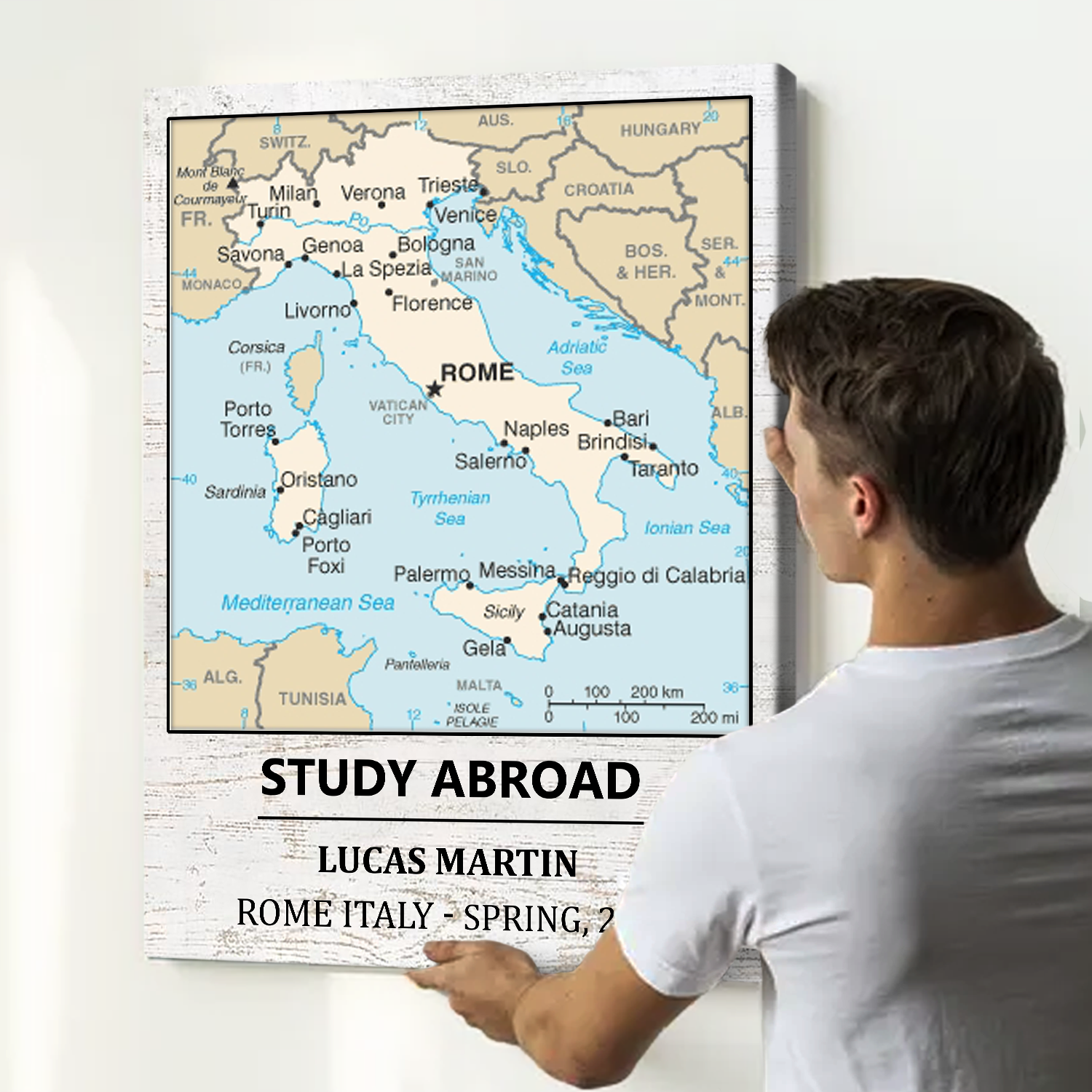 Custom Study Abroad Map Canvas – Personalized Location Name & Date, Gifts for Students, Study Abroad Wall Art 1 Custom study abroad map canvas with personalized location, name and date, meaningful study abroad wall art gift for students.