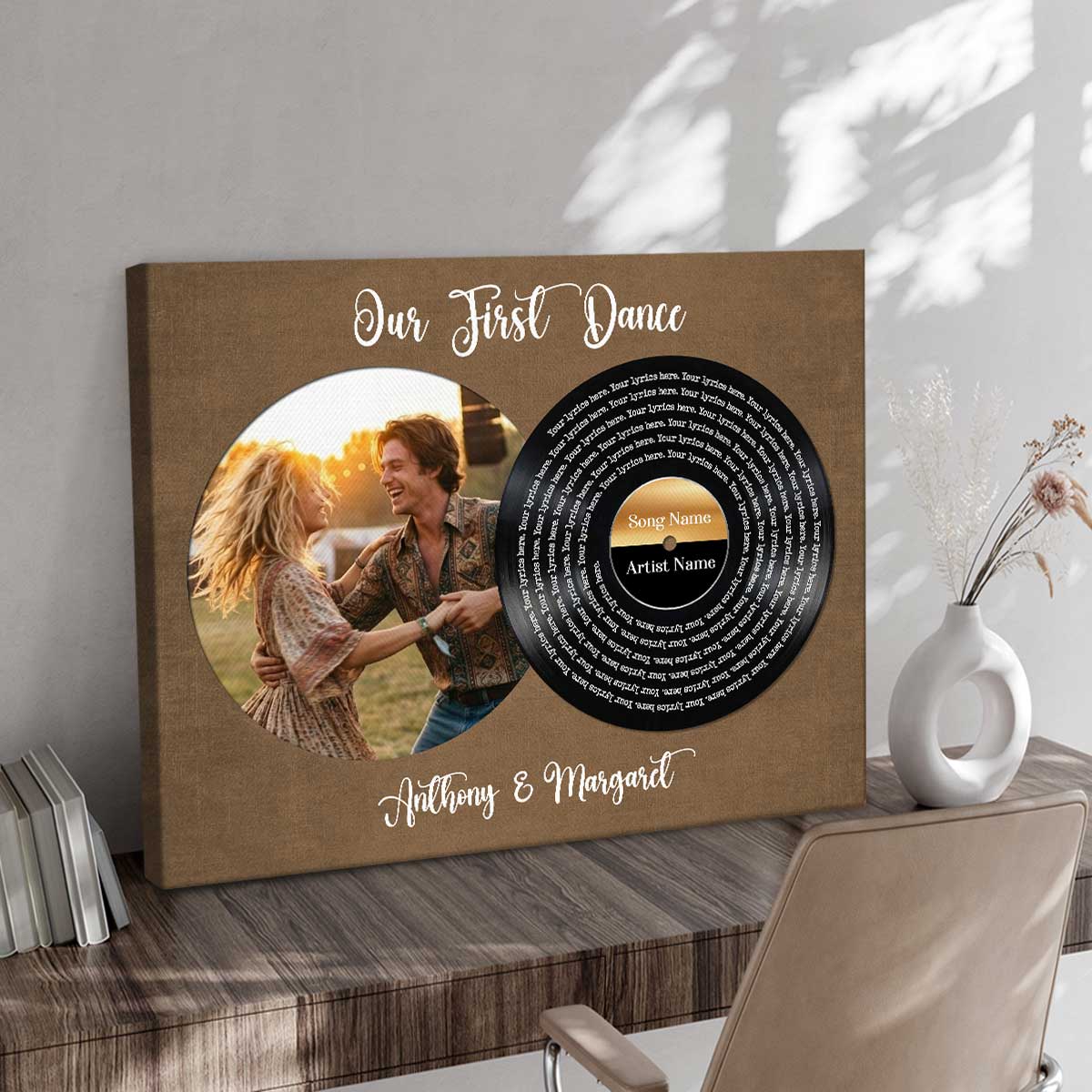 Vinyl Song Lyrics Couple Photo Canvas, Wedding Anniversary Gift, Customizable Music Gift, Music First Dance Song Gifts
