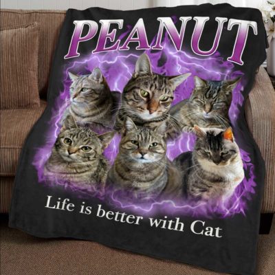 Personalized Cat Portrait Fleece Blanket, Custom Pet Blanket, Cat Remembrance Gift