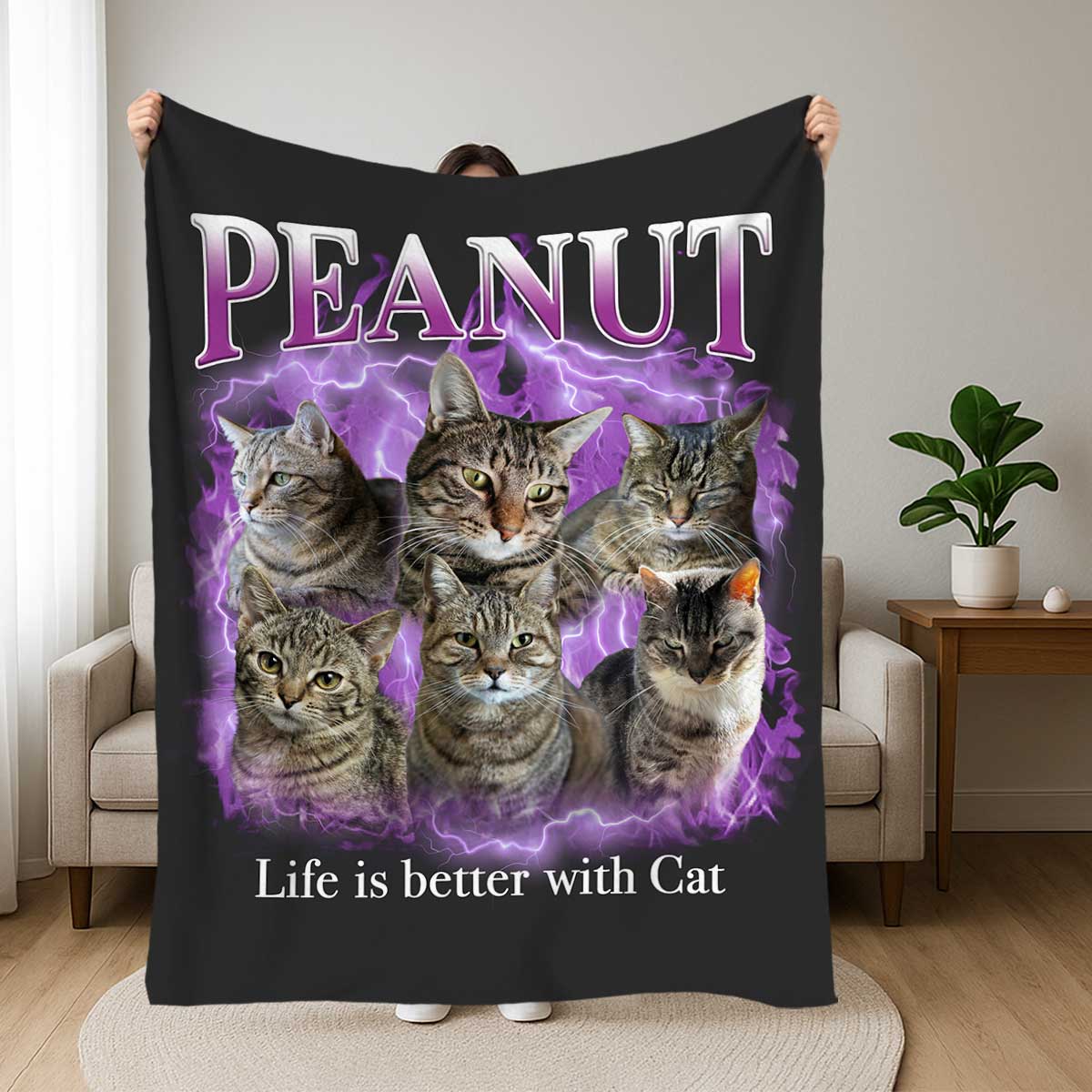 Personalized Cat Portrait Fleece Blanket, Custom Pet Blanket, Cat Remembrance Gift