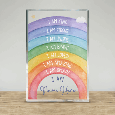 Personalized rainbow affirmation acrylic plaque with custom name and positive quotes, inspirational desk décor gift for girls.