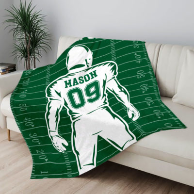 Personalized football blanket with name & number, football team player gift and football fan gift for him.
