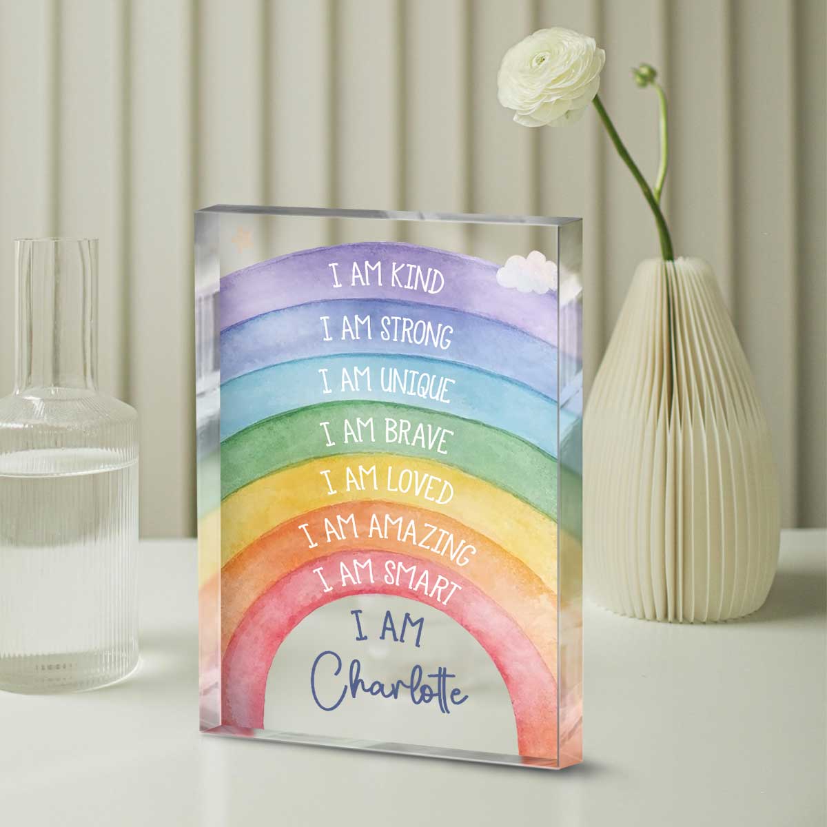 Personalized rainbow affirmation acrylic plaque with custom name and positive quotes, inspirational desk décor gift for girls.