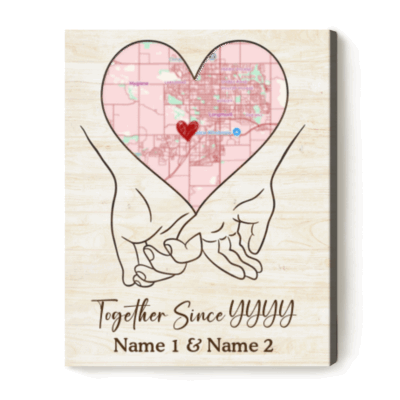Personalized together since map canvas with heart location map and couple names, romantic holding hands couple wall art gift.
