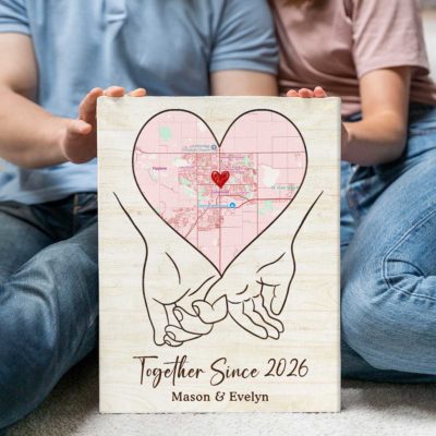 Personalized together since map canvas with heart location map and couple names, romantic holding hands couple wall art gift.