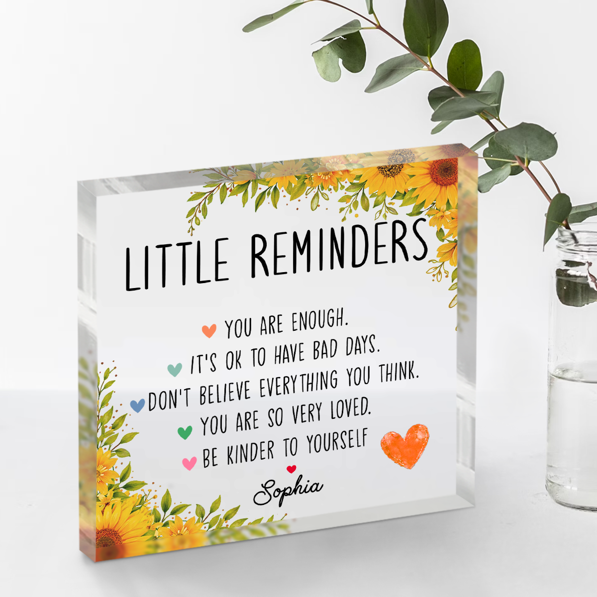 Little reminders inspirational acrylic plaque personalized with name, motivational mental health desk décor gift.