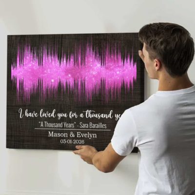 Personalized soundwave wall art with custom song waveform and names, wedding or anniversary gift for couples.