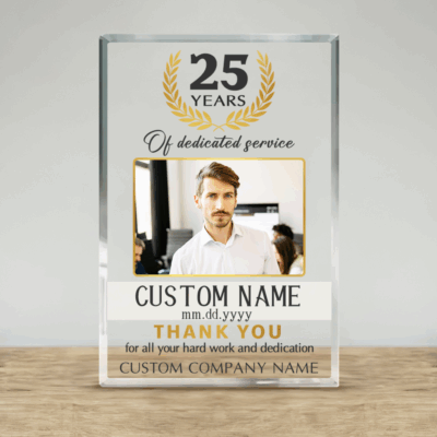 25 Years Work Anniversary Photo Plaque - Employee Appreciation Gift with custom employee photo, name, date and company name, employee appreciation thank you gift.