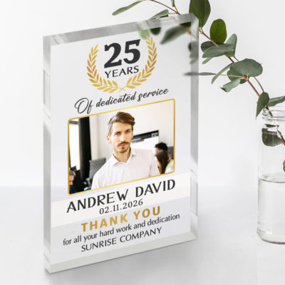 25 Years Work Anniversary Photo Plaque - Employee Appreciation Gift with custom employee photo, name, date and company name, employee appreciation thank you gift.