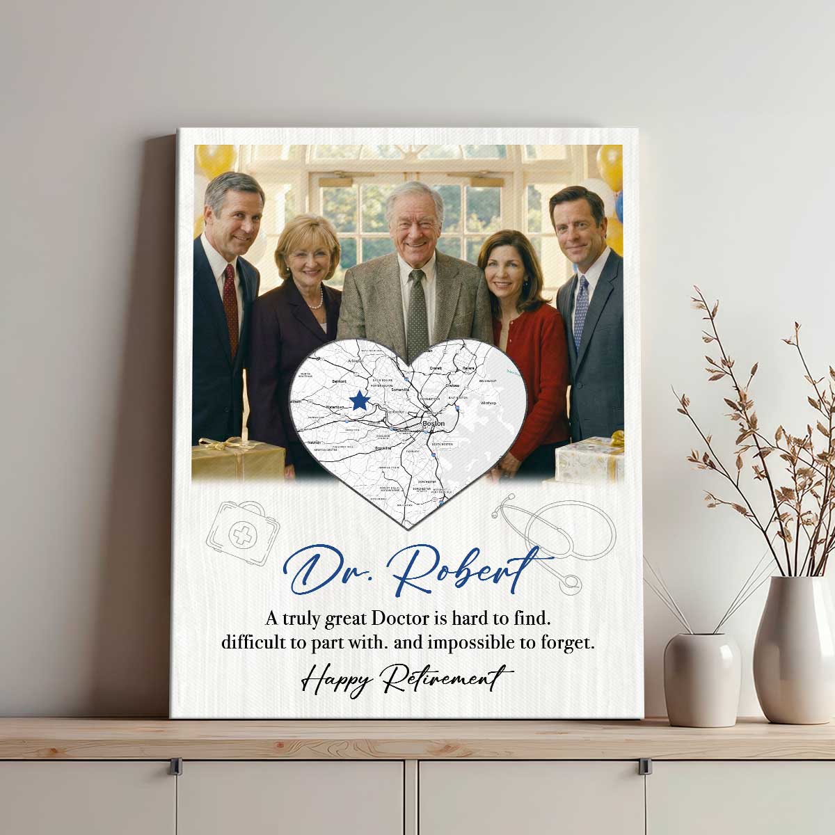 Custom Map Retired Doctor Canvas, Retiring Doctor Thank you Gift, Personalized Map Gift for Medical Doctor Retirement, Retirement Gifts