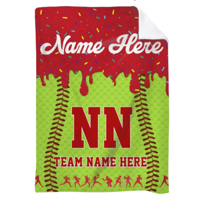 Personalized softball blanket for kids with custom name and number, sports fleece gift for young softball players.