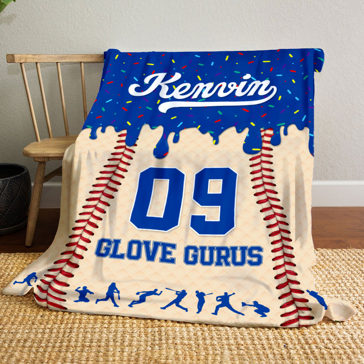 Personalized baseball blanket for kids with custom name and number, sports fleece gift for young baseball players.
