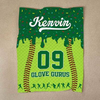 Personalized softball blanket for kids with custom name and number, sports fleece gift for young softball players.