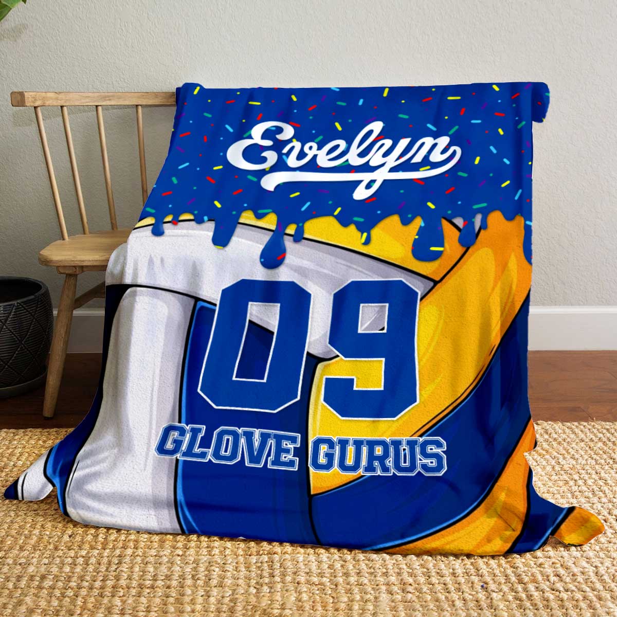 Personalized volleyball blanket for kids with custom name and number, sports fleece gift for young volleyball players.