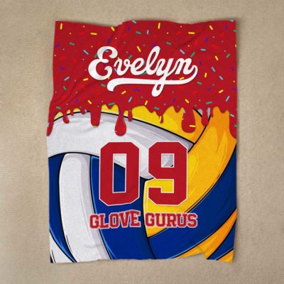 Personalized volleyball blanket for kids with custom name and number, sports fleece gift for young volleyball players.