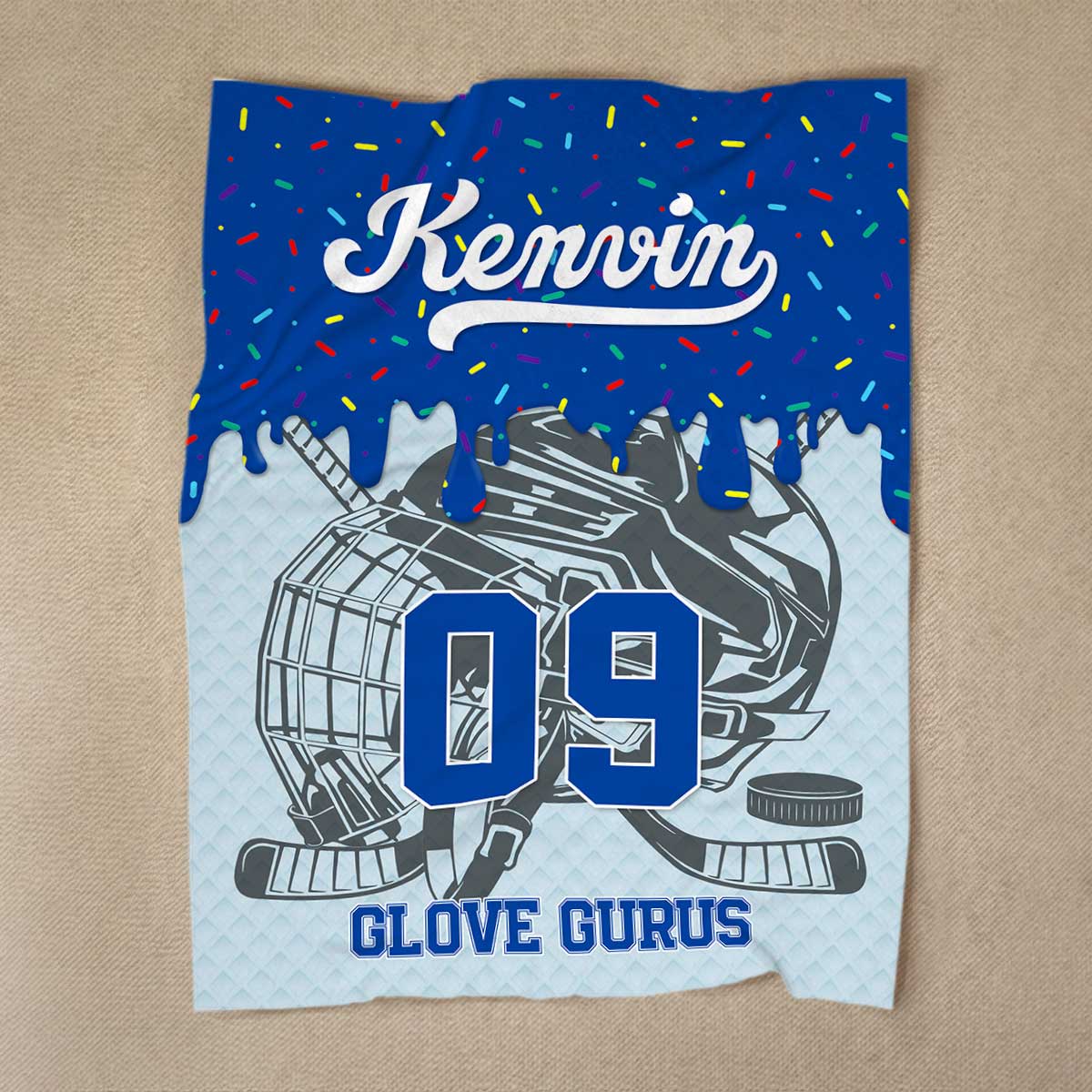 Personalized hockey blanket for kids with custom name and number, sports fleece gift for young hockey players.