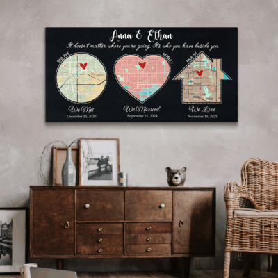 Met Engaged Married Custom Map Premium Canvas, 3 Location Adventure Map Couple Gifts, Newly Married Gifts, Wedding Anniversary Gifts