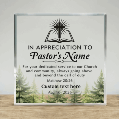 Personalized Pastor Appreciation Acrylic Plaque - Minister Gift with Christian cross and Bible design, custom name scripture and date, thank you gift for pastor or minister.