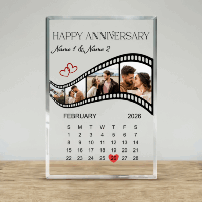 Custom Couple Photo With Calendar Plaque - Anniversary Gift with film strip design and personalized calendar, custom names and special date highlighted, anniversary or Valentine’s Day gift for couple.