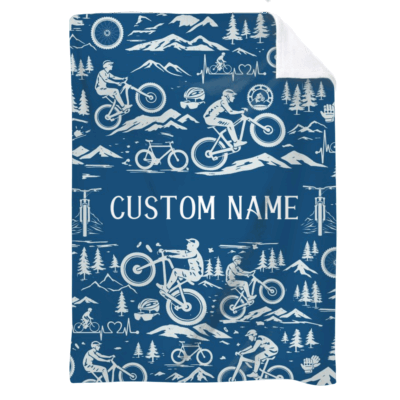 Personalized Mountain Bike Blanket with Name - Mountain Bike Lover Gift with green outdoor cycling pattern and custom name, mountain biking gift for cyclist, bike rider blanket for outdoor and home decor.