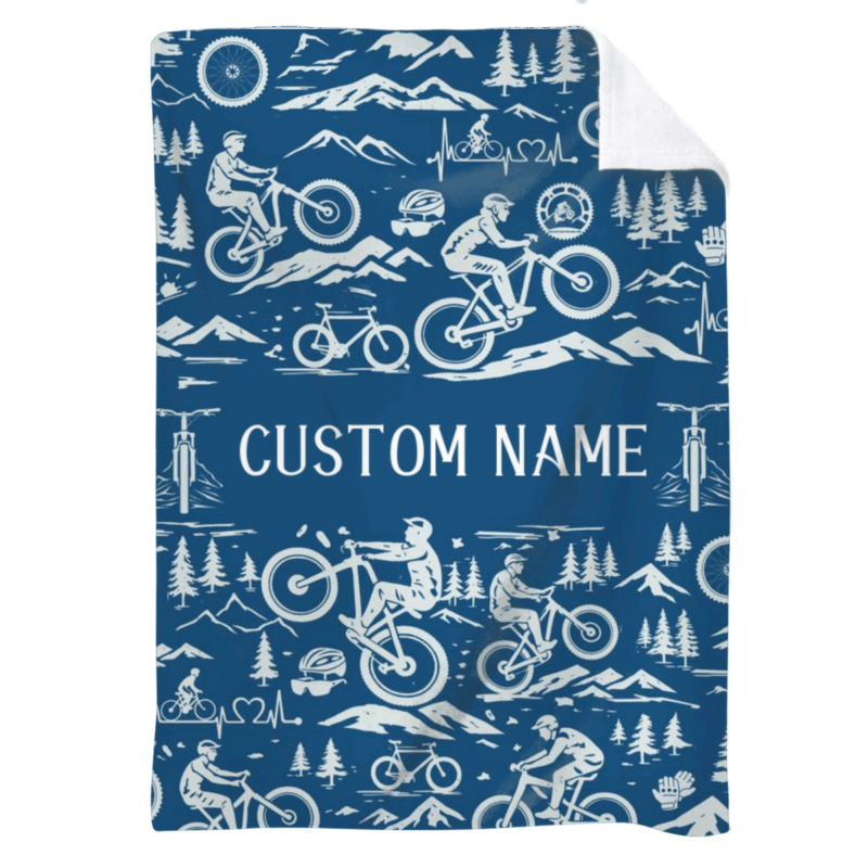 Personalized Mountain Bike Blanket with Name - Mountain Bike Lover Gift with green outdoor cycling pattern and custom name, mountain biking gift for cyclist, bike rider blanket for outdoor and home decor.