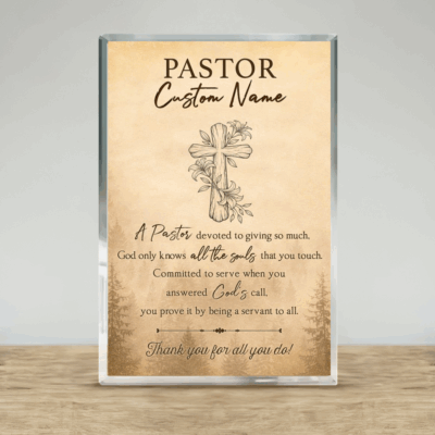 Personalized Pastor Name Acrylic Plaque - Pastor Appreciation Gift with cross and forest design, pastor appreciation gift, custom Christian keepsake, pastor retirement plaque.