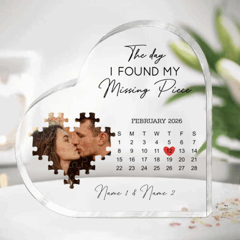 Custom Photo with Calendar Heart Plaque - Anniversary Gift for Couple with custom couple photo, puzzle heart design, personalized names and calendar date, romantic anniversary gift keepsake.