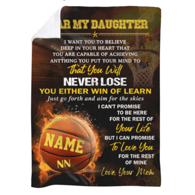 Personalized basketball blanket for daughter with custom name and number, motivational sports fleece gift from parents.