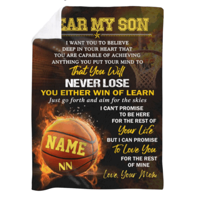 Personalized basketball blanket for son with custom name and number, motivational sports fleece gift from parents.