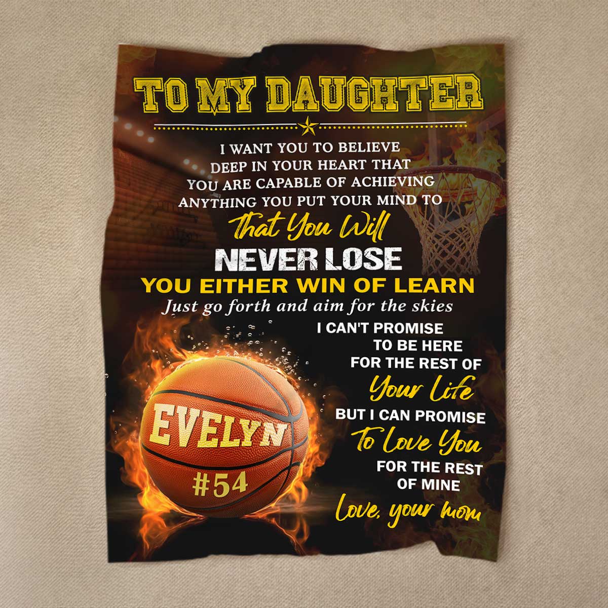 Personalized basketball blanket for daughter with custom name and number, motivational sports fleece gift from parents.