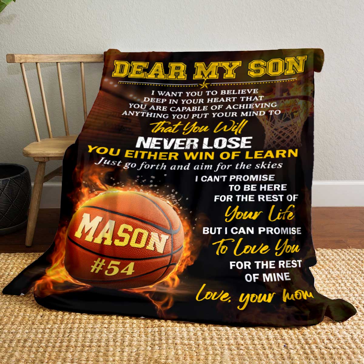 Custom Name Basketball Blanket for Son – Personalized Name & Number Sports Fleece, Motivational Sports Gift From Mom or Dad, Blanket for Boys 1 Personalized basketball blanket for son with custom name and number, motivational sports fleece gift from parents.