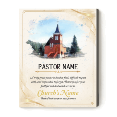 Custom Church Watercolor Photo Portrait Print - Pastor Appreciation Gift featuring a red church illustration, custom pastor name and appreciation message, pastor retirement and minister appreciation gift.