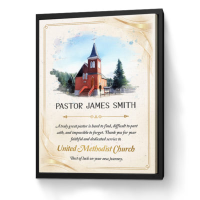 Benicee Shop 203 Custom Church Watercolor Photo Portrait Print - Pastor Appreciation Gift featuring a red church illustration, custom pastor name and appreciation message, pastor retirement and minister appreciation gift.