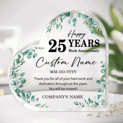 25 Year Work Anniversary Heart Acrylic Plaque - Retirement Gift with floral design, personalized employee name date and company name, retirement and employee recognition keepsake.