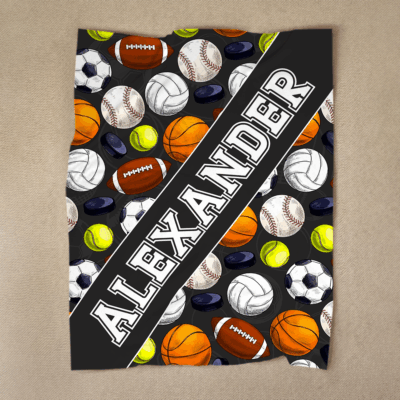 Personalized sports blanket for kids with custom name and number, multi-sport fleece gift for young athletes