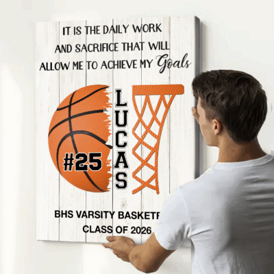 Personalized basketball senior night gift with custom player name and number, senior night basketball wall art keepsake.