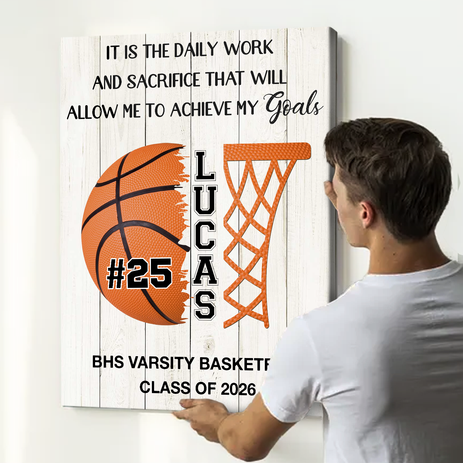 Personalized basketball senior night gift with custom player name and number, senior night basketball wall art keepsake.