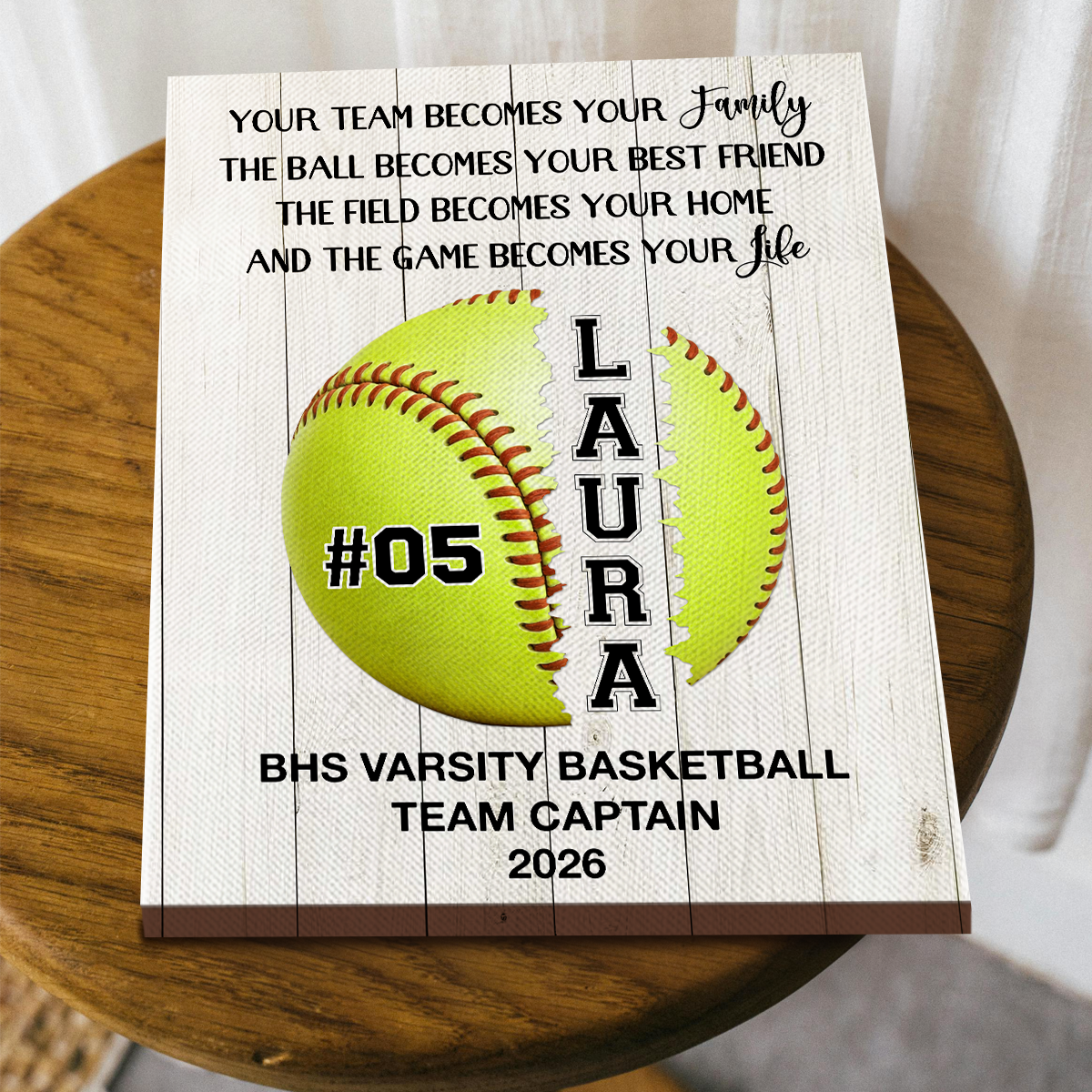 Personalized softball senior night gift with custom player name and jersey number, softball senior wall art keepsake.