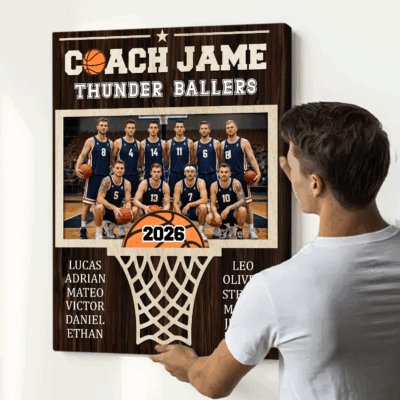 Personalized basketball coach team photo canvas with custom team picture and player names, thank you coach gift from team.