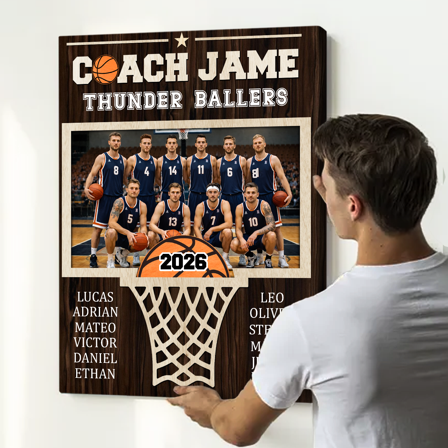 Personalized basketball coach team photo canvas with custom team picture and player names, thank you coach gift from team.