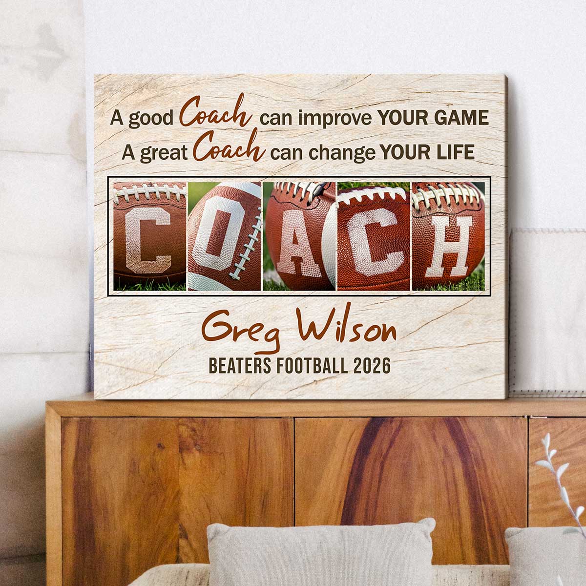 Personalized football coach sign – custom coach name wall art and thank you coach gift from team.