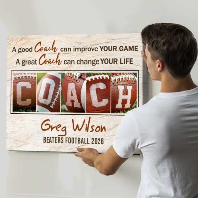 Personalized football coach sign – custom coach name wall art and thank you coach gift from team.