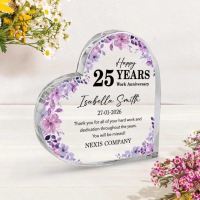 25 Year Work Anniversary Heart Acrylic Plaque - Retirement Gift with floral design, personalized employee name date and company name, retirement and employee recognition keepsake.