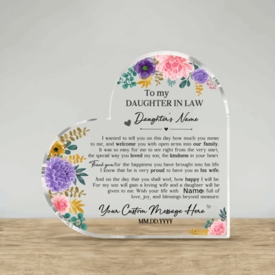 Heart Acrylic Plaque for Daughter In Law, Personalized Wedding Keepsake from Mother in Law, Welcome to Our Family Gift