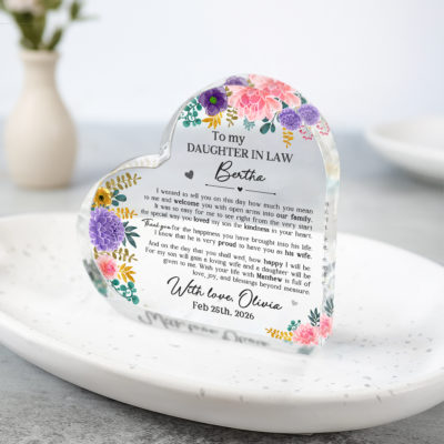 Heart Acrylic Plaque for Daughter In Law, Personalized Wedding Keepsake from Mother in Law, Welcome to Our Family Gift