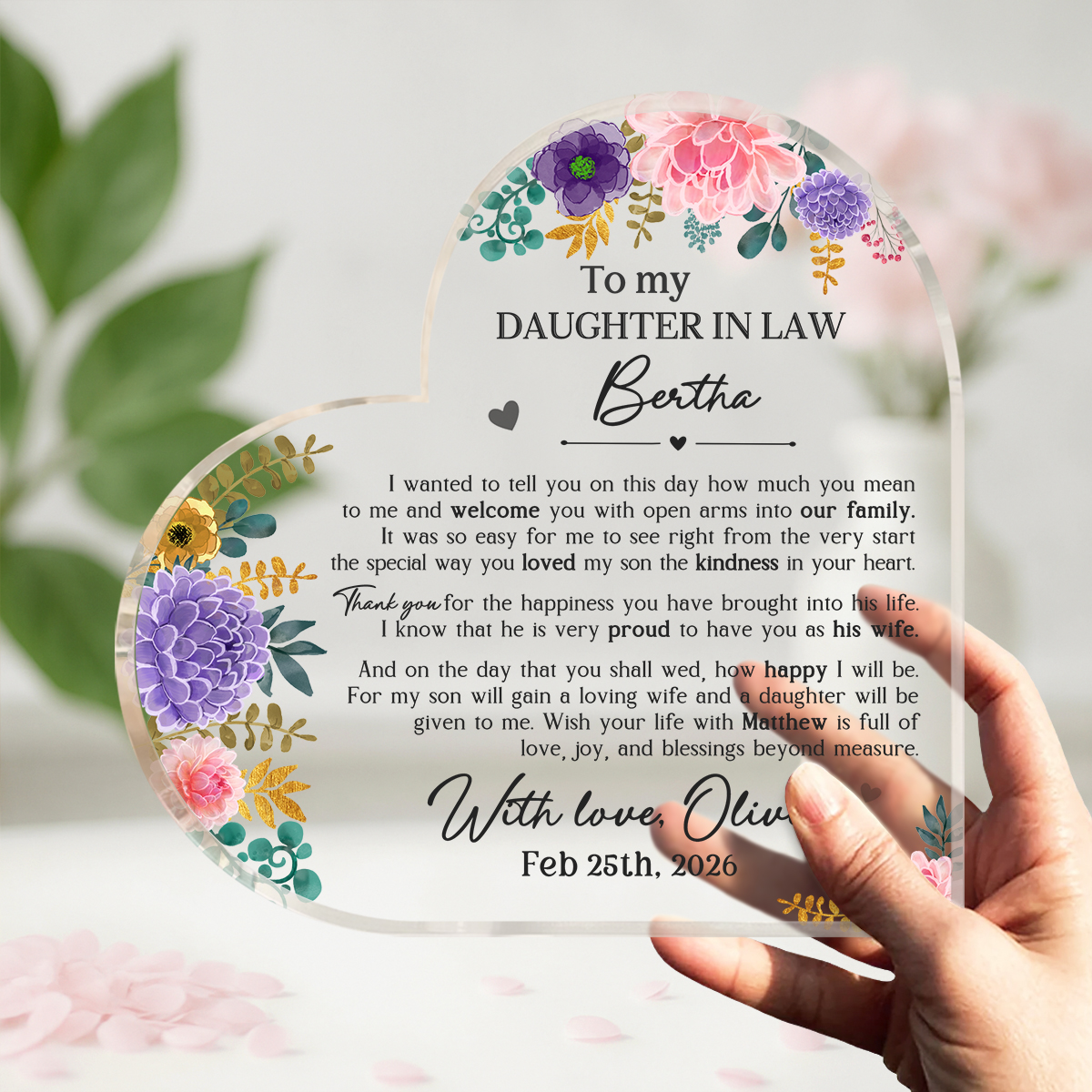 Heart Acrylic Plaque for Daughter In Law, Personalized Wedding Keepsake from Mother in Law, Welcome to Our Family Gift