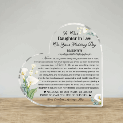 Personalized Daughter In Law Floral Acrylic Plaque, Wedding Day Gift from Parents In Law, Custom Heart Acrylic Keepsake for Daughter in Law