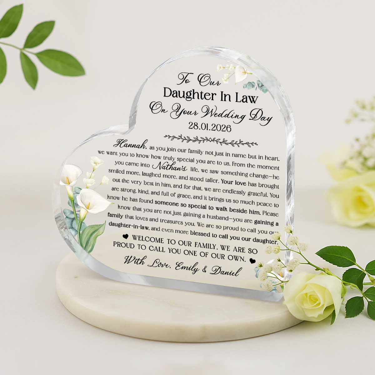 Personalized Daughter In Law Floral Acrylic Plaque, Wedding Day Gift from Parents In Law, Custom Heart Acrylic Keepsake for Daughter in Law